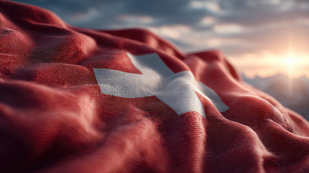 A stunning close-up of the Swiss flag gracefully waving in the wind, captured in warm afternoon light, showcasing its vibrant colors against a serene mountainous backdrop.の素材