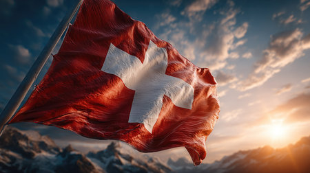 A stunning Swiss flag flutters gracefully in the wind during a captivating sunset, with majestic mountains and dramatic clouds enhancing the scene.の素材