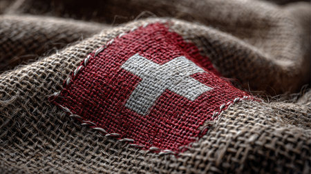 A detailed close-up of the Swiss flag depicted on classic jute fabric, showcasing the intricate stitching and the richness of national symbolism.の素材