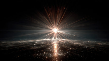 A stunning visual of a bright starburst effect surrounded by sparkling light rays, set against a dark space background, perfect for cosmic themes.の素材