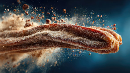 A stunning close-up of churros flying through the air, enveloped in a cloud of sugar dust, showcasing their crispy texture and delicious flavor.の素材