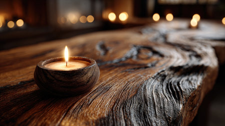 A serene scene featuring a flickering candle atop a beautifully textured wooden surface, evoking a sense of tranquility and inviting relaxation.の素材