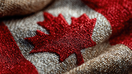This image features a close-up view of a meticulously embroidered maple leaf on a textured woven fabric, showcasing vibrant red colors against a neutral background, symbolizing Canadian pride.の素材