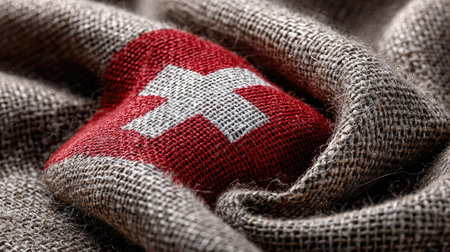 This close-up image captures a Swiss flag patch on rustic linen, showcasing the intricate textures and folds of the fabric, evoking a sense of cultural pride.の素材