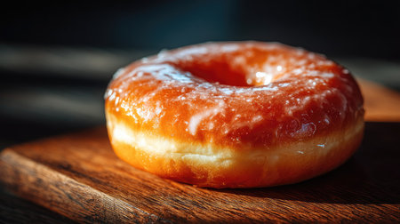 A beautifully presented freshly glazed donut sits on a wooden surface, showcasing its shiny sugar glaze and warm, inviting colors. Perfect for food lovers.の素材