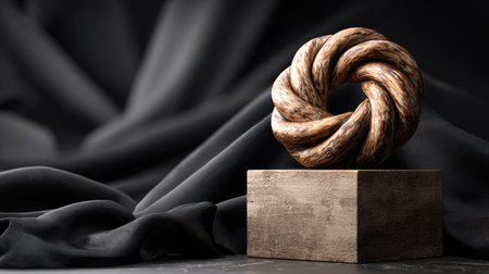 A beautifully crafted twisted sculpture displayed on a wooden base, complemented by a dark silk fabric background, showcasing elegance and artistic flair.の素材