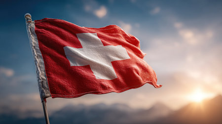 A captivating image of the Swiss flag majestically waving in the breeze, set against a backdrop of a stunning sky with clouds and sunlight.の素材