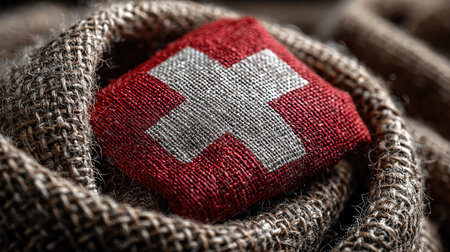 This image features a close-up view of a Swiss flag patch resting on soft, natural fabric, showcasing the vibrant red and white colors. Perfect for travel, culture, or textile themes.の素材