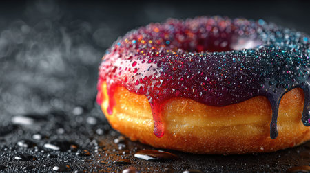 A beautifully crafted glazed donut showcases vibrant icing with colorful dripping effects and water droplets, set against a dark, moody background.の素材