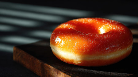 A close-up of a fresh glazed doughnut resting on a wooden board, showcasing its shiny surface and vibrant color, highlighted by soft shadows.の素材