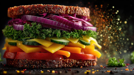 A beautifully arranged sandwich featuring layers of fresh vegetables and colorful cheese on whole grain bread, perfect for promoting healthy eating.の素材