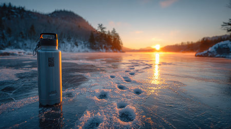 A sleek silver water bottle stands on a frozen lake, surrounded by a tranquil winter landscape at dawn, showcasing nature's beauty and serenity.の素材