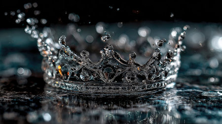 A stunning image of a crystal crown splashed by droplets of water, capturing the beauty and elegance of royalty amidst a dark reflective surface.の素材