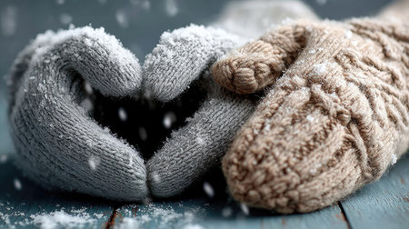 Two pairs of cozy winter gloves are forming a heart shape, surrounded by soft falling snow on a rustic wooden surface, embodying warmth and affection.の素材