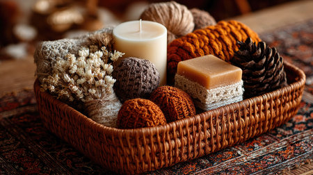 This beautiful arrangement features a cozy basket filled with a candle, natural textiles, and organic decorations, perfect for autumn or winter settings.の素材