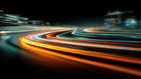 A mesmerizing view of urban night traffic, capturing the dynamic motion of lights and vehicles. The vibrant colors and vivid glow create an artistic and abstract representation of city life at night.の素材