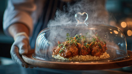 A captivating culinary scene featuring a steaming dish elegantly served under a glass cloche, adorned with fresh herbs and vibrant colors.の素材