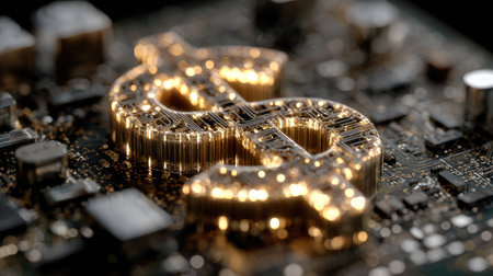 This close-up image features a luminous dollar sign intricately embedded within an electronic circuit board, symbolizing the intersection of finance and cutting-edge technology.の素材