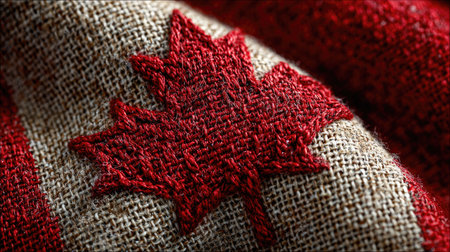 This close-up image features a beautifully embroidered red maple leaf on textured burlap fabric, reflecting Canadian heritage and craftsmanship.の素材