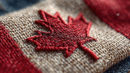 This close-up image captures a detailed red maple leaf embroidered on burlap fabric, highlighting unique textures and vibrant colors, perfect for nature themes.の素材