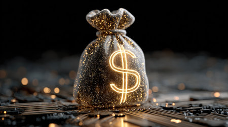 A glittering money bag featuring a radiant dollar sign, set against an elegant dark background, perfect for themes of finance, wealth, and prosperity.の素材