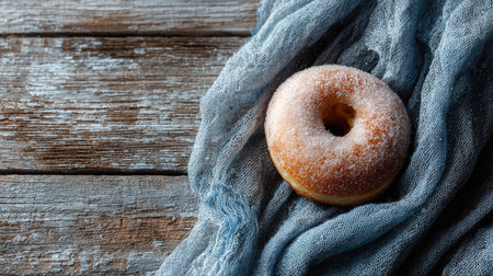 A delightful glazed donut rests on a rustic wooden table, accompanied by soft blue fabric, creating a cozy and inviting atmosphere perfect for food lovers.の素材