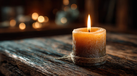 A warm, inviting candle emits a gentle glow from a textured wooden table, creating a serene ambiance perfect for relaxation and introspection.の素材