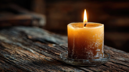 A charming rustic candle stands on a weathered wooden table, casting a warm and inviting glow that enhances the cozy atmosphere of any interior space.の素材