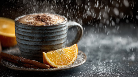 A comforting warm drink in a textured mug, garnished with chocolate, cinnamon, and a fresh orange slice, evokes cozy winter vibes. Perfect for culinary inspiration.の素材