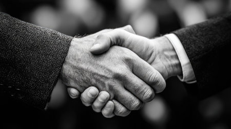 A close-up of two hands shaking in a black and white composition, symbolizing trust, collaboration, and professional partnership in a business environment.の素材
