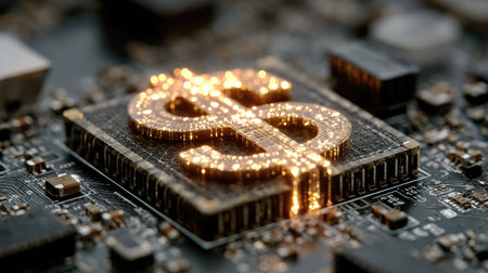 This image showcases a close-up view of a circuit board featuring a luminous dollar sign, symbolizing the intersection of finance and technology.の素材