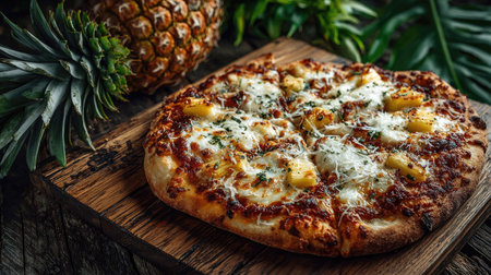 A mouth-watering pizza topped with pineapple and melted cheese, elegantly placed on a wooden board. Surrounded by fresh pineapples and vibrant greenery, this image captures the essence of tropical flavor and home-cooked comfort. Perfectly styled for food enthusiasts and culinary presentations.の素材