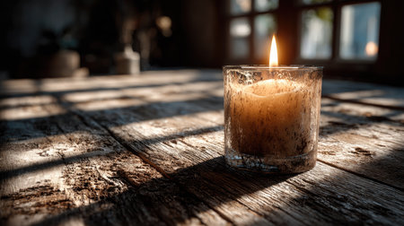 A beautifully lit candle sits on a rustic wooden table, casting warm shadows and creating a cozy ambiance. The soft glow enhances a serene atmosphere, inviting relaxation.の素材