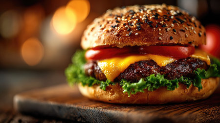 A mouthwatering cheeseburger showcasing a juicy beef patty topped with melted cheese, fresh lettuce, and ripe tomato, all nestled in a sesame seed bun.の素材
