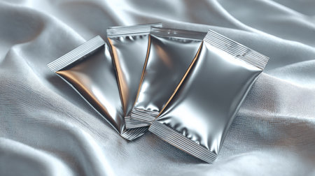 A close-up view of four silver foil packets arranged on a soft, textured fabric surface, ideal for product showcasing and creative design concepts.の素材