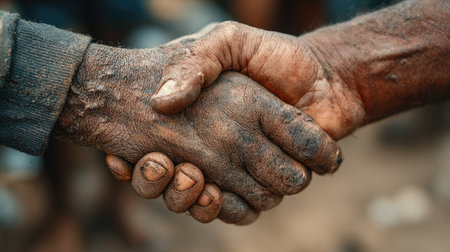 This image captures a close-up of two weathered hands shaking in a powerful gesture of unity and understanding amidst an outdoor setting, symbolizing connection.の素材