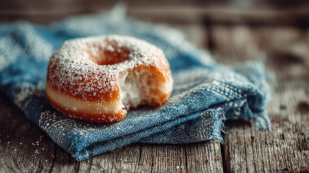 A tempting powdered sugar donut rests on rustic wood with a blue cloth, perfect for dessert lovers. The inviting treat is partially bitten, showcasing its soft, fluffy interior.の素材