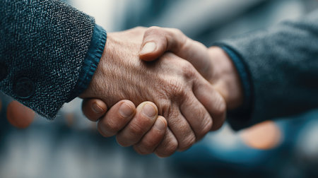 A close-up view of two hands engaging in a firm handshake, symbolizing a business agreement or mutual understanding in an urban outdoor setting.の素材