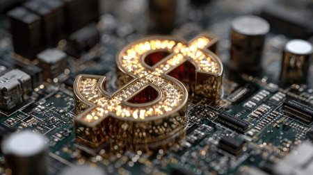 A stunning close-up of a glittering dollar sign integrated into an electronic circuit board, highlighting the convergence of finance and technology.の素材