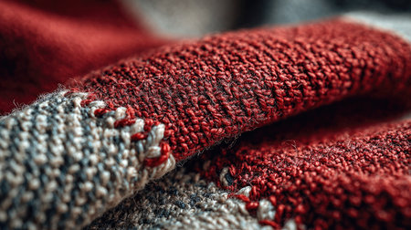 This close-up image captures the intricate detail of cozy wool textile featuring warm red and gray hues. Perfect for showcasing comfort and style in home decor.の素材