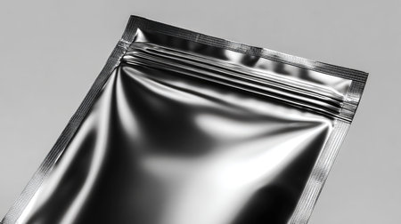 A sleek black packaging bag with a glossy finish, perfect for showcasing food products, cosmetics, or other items. Isolated on a gray background.の素材