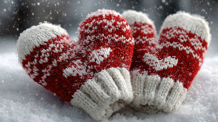 Beautifully crafted red mittens shaped like hearts rest on a blanket of soft snow. These cozy knit accessories evoke warmth and affection, perfect for giving and wearing during the winter season. Ideal for holiday themes and festive occasions.の素材