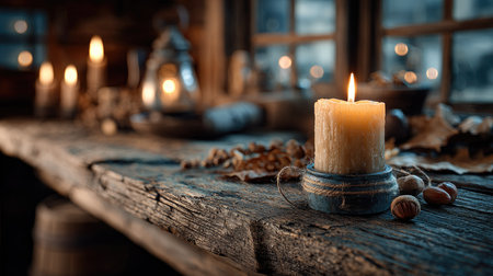 A serene candlelit setting featuring a rustic wooden table with a burning candle, evoking warmth and comfort in a vintage atmosphere.の素材