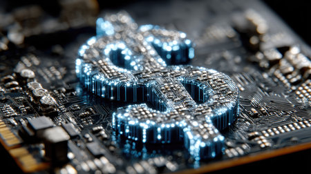 Detailed close-up of a glowing dollar sign set against a high-tech circuit board. This image symbolizes the intersection of finance and technology, ideal for depicting digital currency and modern investment concepts.の素材