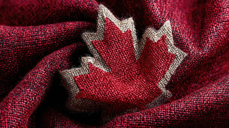 A detailed close-up image showcasing a red and white embroidered maple leaf patch on textured fabric, symbolizing Canadian heritage and national pride.の素材