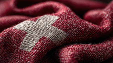 This image captures a close-up of the Swiss flag design woven into soft red fabric, showcasing intricate details and textures that highlight craftsmanship.の素材