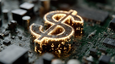 A striking image of a glowing dollar sign on a green circuit board, illustrating the intersection of finance and technology in the digital age.の素材