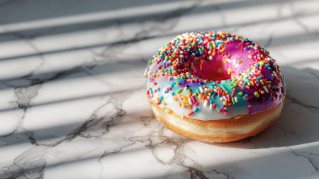 A vibrant and colorful donut features a thick layer of icing adorned with festive sprinkles, beautifully placed on a marble surface. The sunlight creates soft shadows, enhancing the scene's appeal.の素材