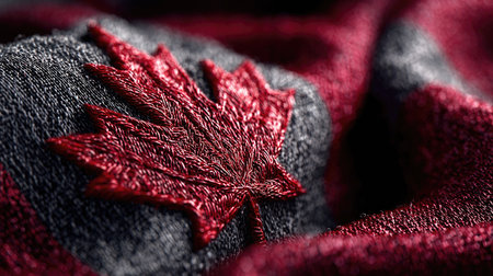 This close-up image showcases a beautiful embroidered maple leaf on soft fabric, highlighting intricate details in rich red and gray tones, perfect for seasonal themes.の素材