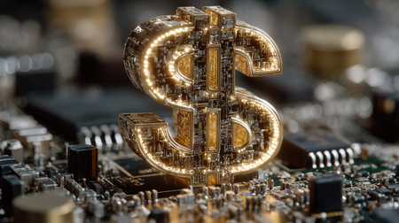This striking image features a glowing golden dollar sign embedded on a detailed circuit board, representing the intersection of finance and technology. Ideal for finance and business themes.の素材